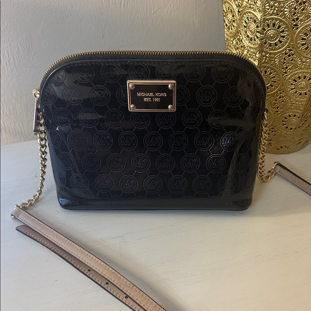 Michael Kors Glossy Black Crossbody Bag with Gold Accents Vintage
